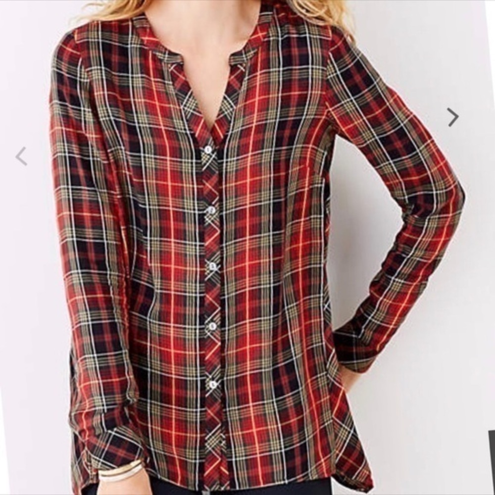 J Jill Long Sleeve Red & Black Plaid V Neck Casual Long Sleeve Top XS